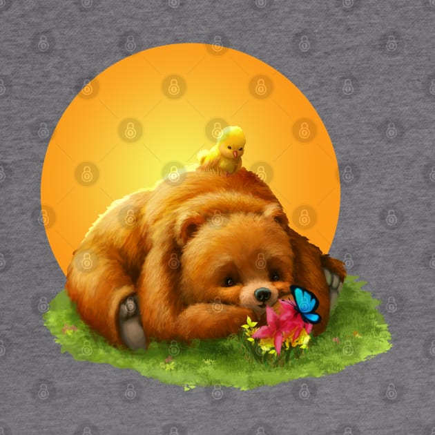 Cute Grizzly Bear and Yellow Bird in Sunset by Irene Koh Studio